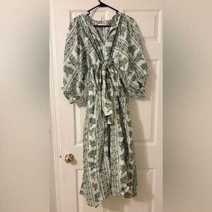 Green and White Tie Front Sundress with Bishop Sleeves
